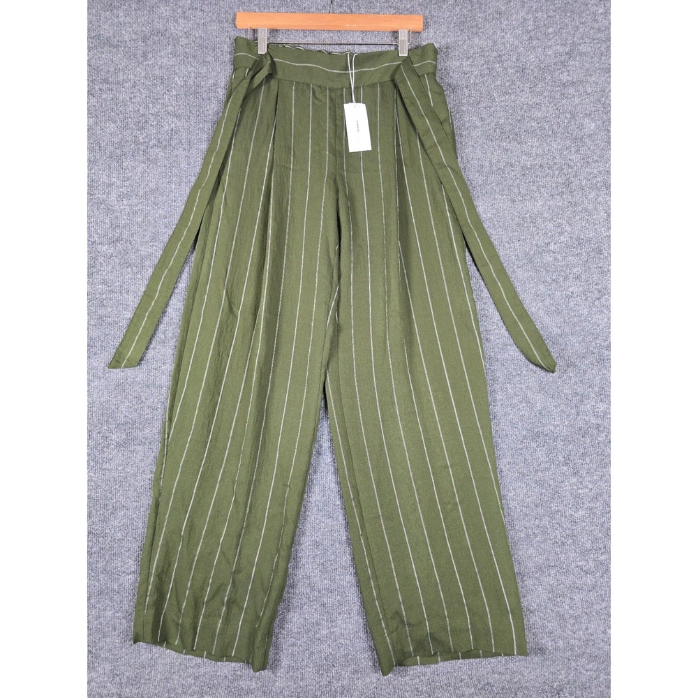Vince Paperbag Waist Striped Wide Leg Pants Olive Green Size S Rayon Blend